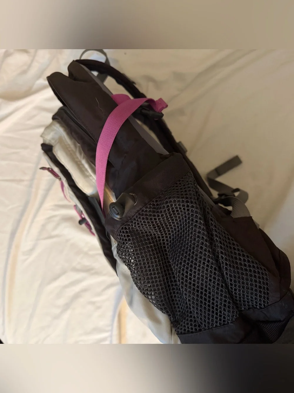 The North Face Borealis Backpack in Light Gray & Black/Brown with Pink Accents